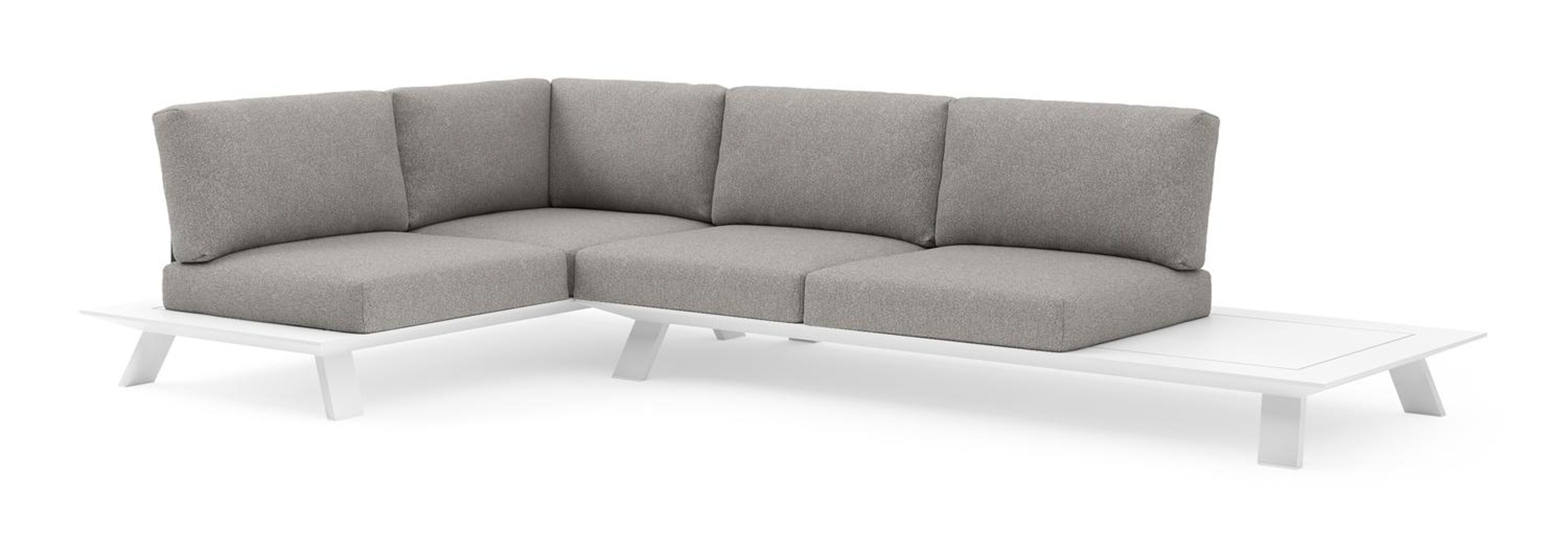 Salon de jardin d'angle Cesano en aluminium blanc et coussin en all weather Sunbrella® luxe tundra charcoal