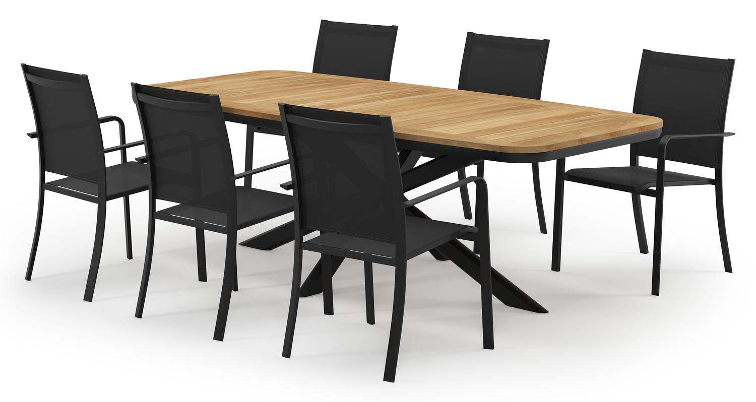 Pamplona ensemble de jardin forme de bateau en aluminium noir en teck natural finish avec 6 chaises de jardin Calobra