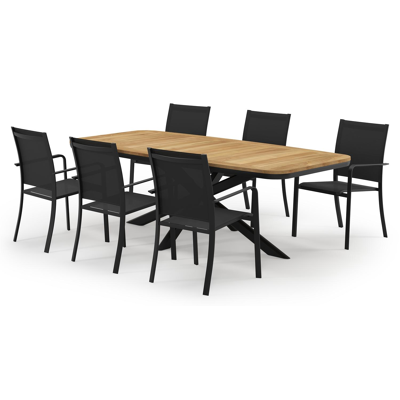 Pamplona bootvormige tuinset in zwart aluminium en teak natural finish met 6 Calobra tuinstoelen