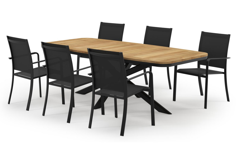 Pamplona bootvormige tuinset in zwart aluminium en teak natural finish met 6 Calobra tuinstoelen