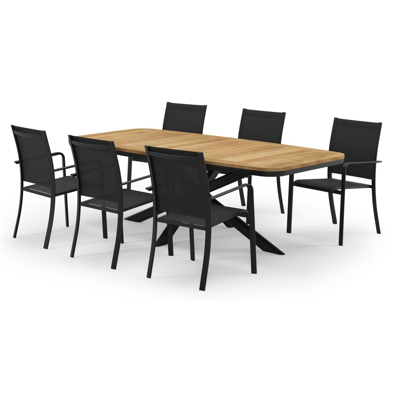 Pamplona bootvormige tuinset in zwart aluminium en teak natural finish met 6 Calobra tuinstoelen
