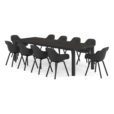 Ensemble de jardin Varese en aluminium noir avec plateau de table en céramique pleine noir et 10 chaises de jardin Puglia