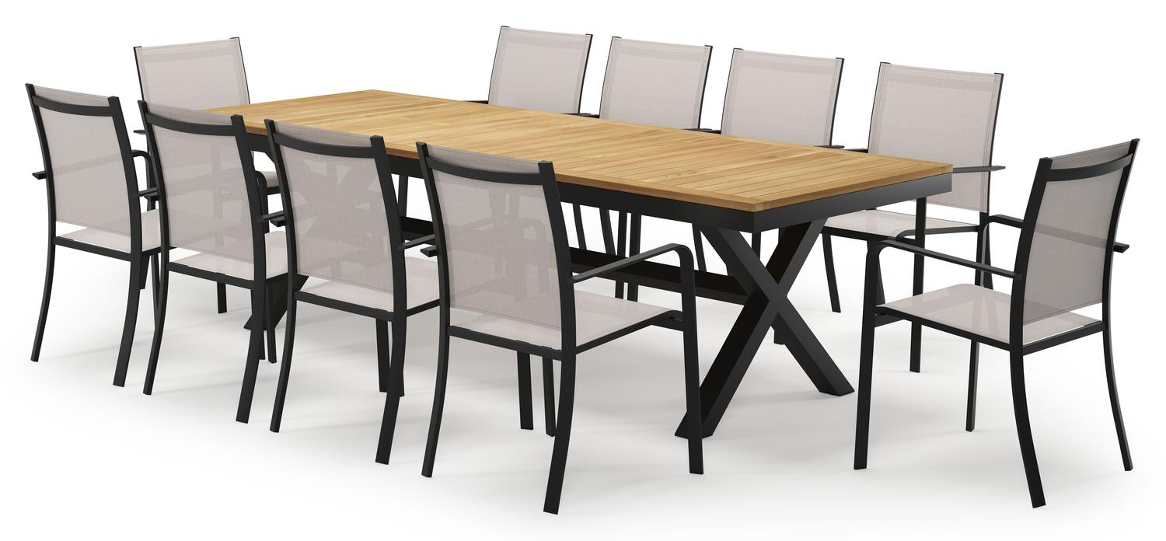 Reza rechthoekige tuinset in zwart aluminium en teak natural finish met 10 Calobra tuinstoelen