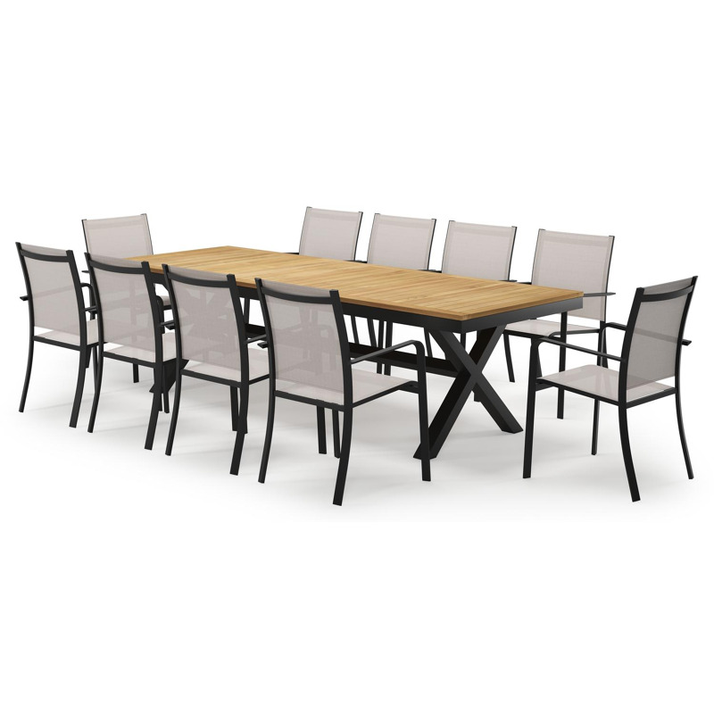 Reza rechthoekige tuinset in zwart aluminium en teak natural finish met 10 Calobra tuinstoelen