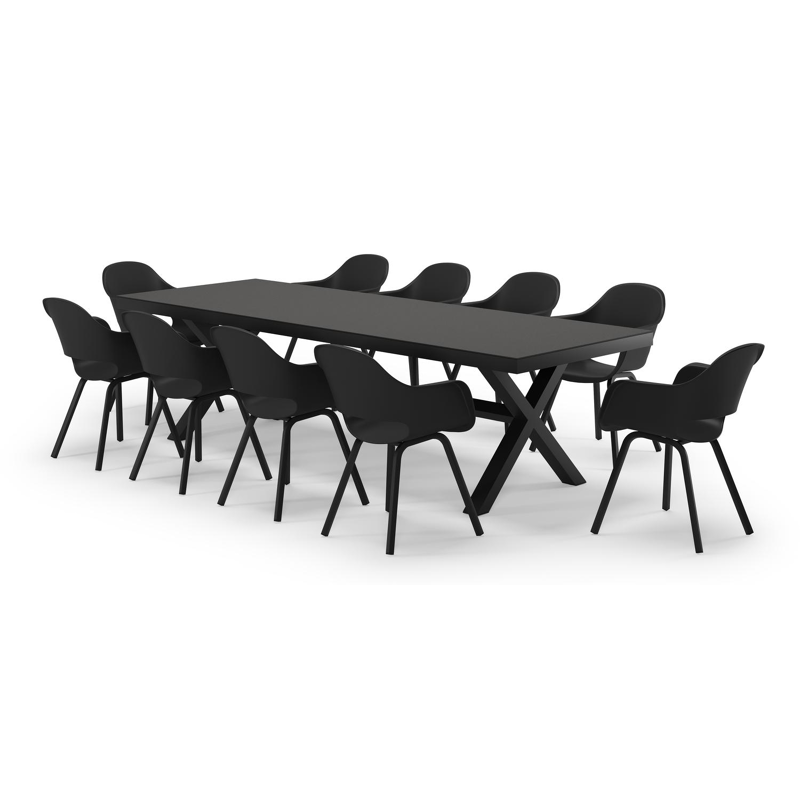 Reza rechthoekige tuinset in zwart aluminium en sintered stone notte minerale met 10 Artena tuinstoelen
