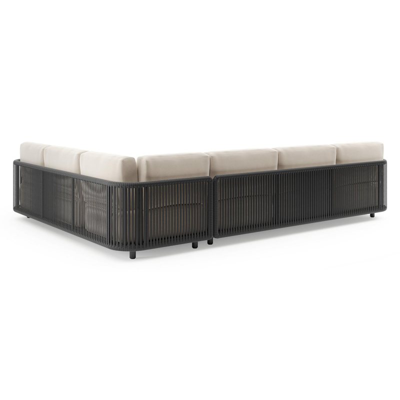 Salon de jardin d'angle Organo en aluminium noir et corde luxe plate tissée verticalement noir et coussin en all weather Sunbrella® luxe lopi antique