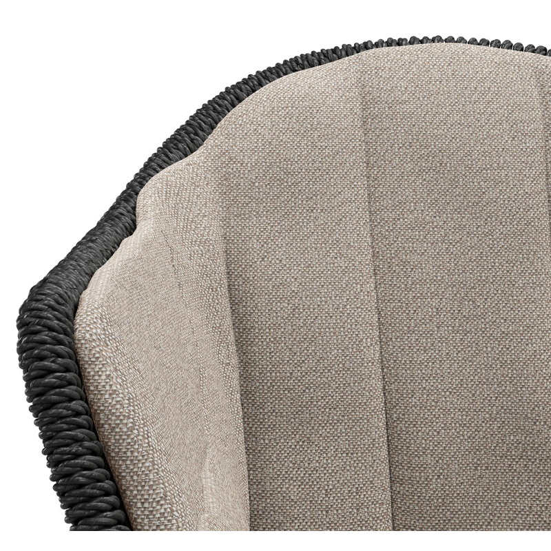 Pagino tuinstoel in zwart aluminium en zwart wicker met kussen in savane coconut all weather sunbrella® luxe