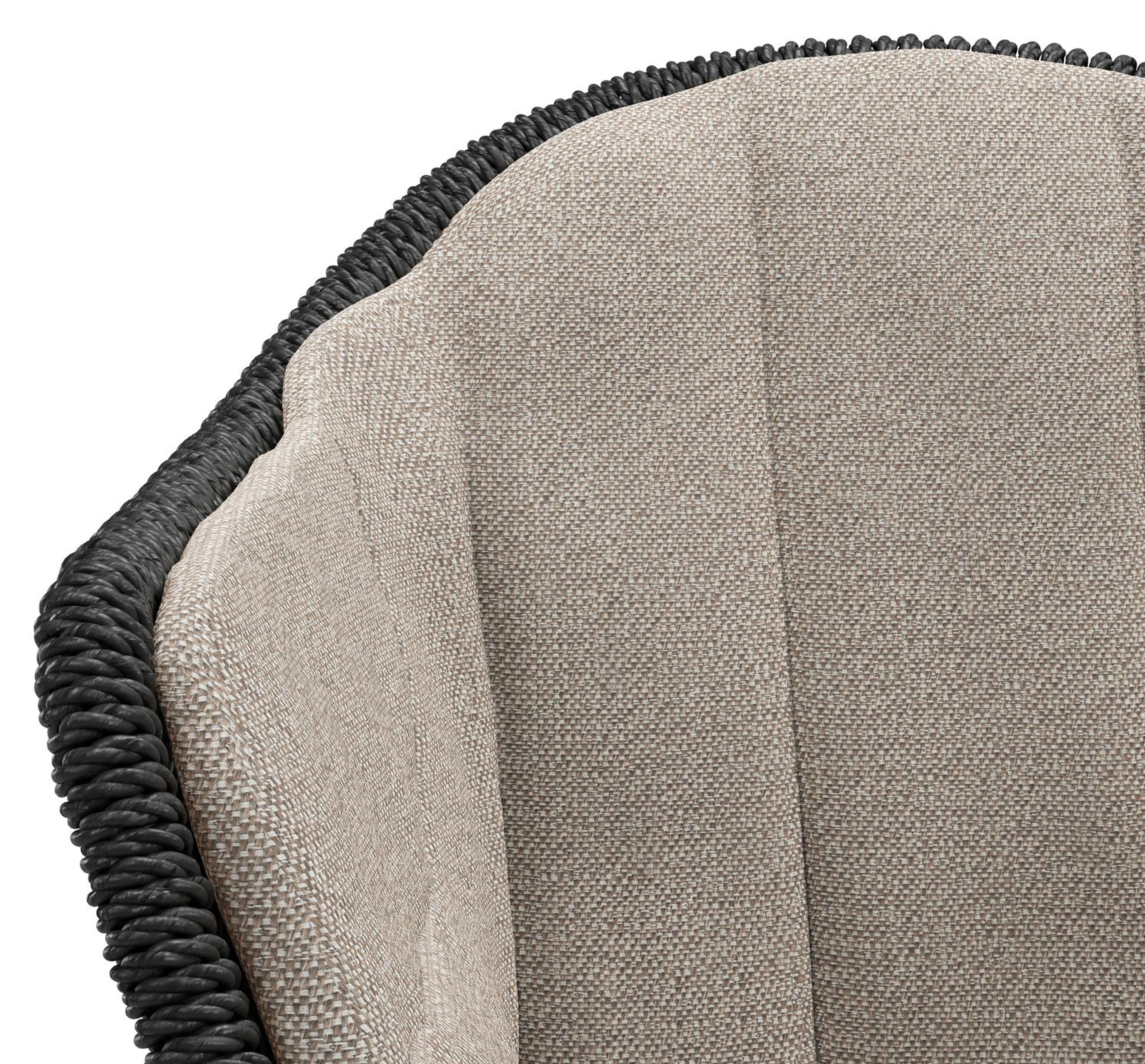 Pagino tuinstoel in zwart aluminium en zwart wicker met kussen in savane coconut all weather sunbrella® luxe