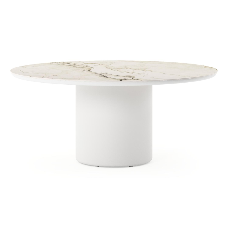 Amico low dining tuintafel rond in wit aluminium en volkeramiek Colorado Dunes - Dia. 148 x H 61 cm