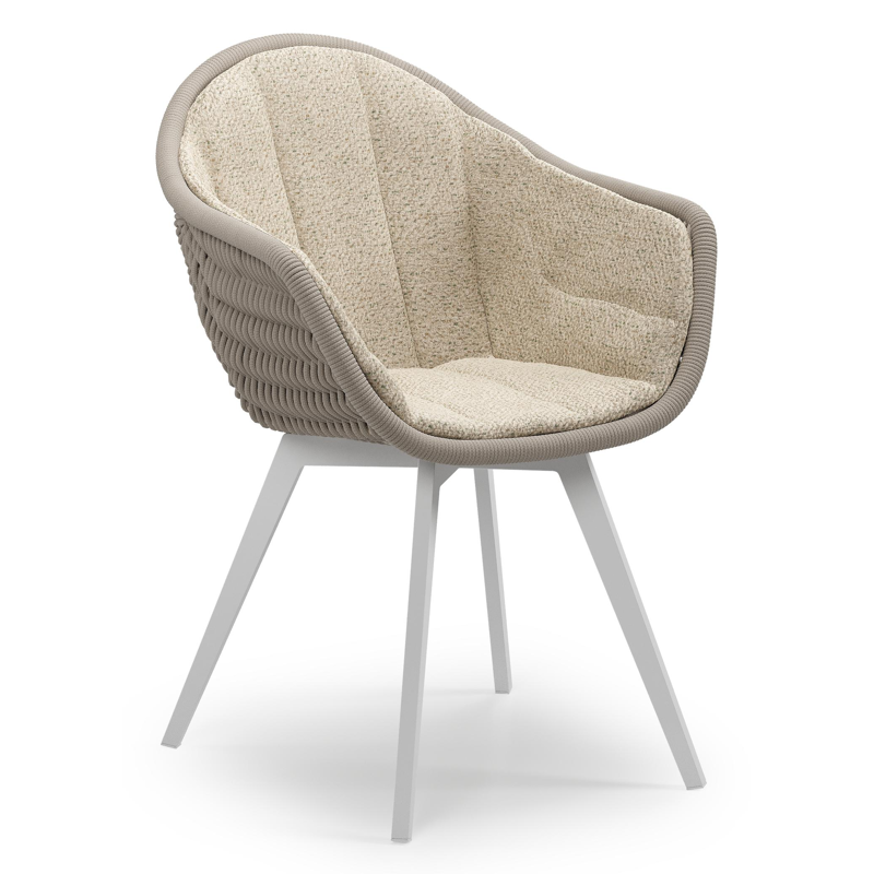 Pagino tuinstoel in wit aluminium en beige verticaal geweven ronde rope met zitkussen in All Weather Cosytica Bora Forest