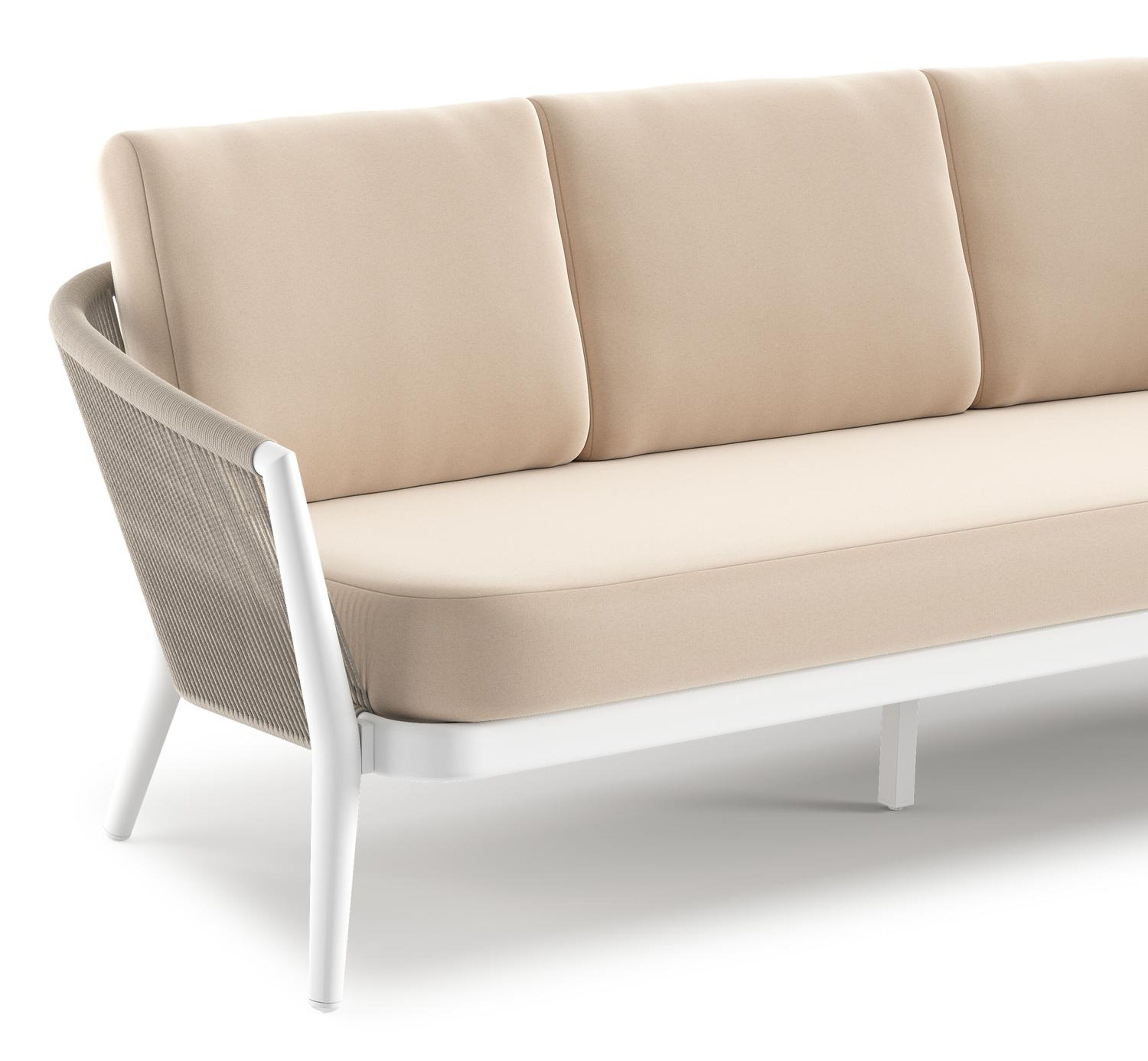 Orso loungebank 3-zit in wit aluminium en beige verticaal geweven ronde rope met natte linen chalk all weather sunbrella® luxe kussen