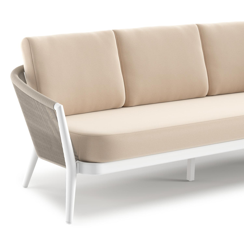 Orso loungebank 3-zit in wit aluminium en beige verticaal geweven ronde rope met natte linen chalk all weather sunbrella® luxe kussen