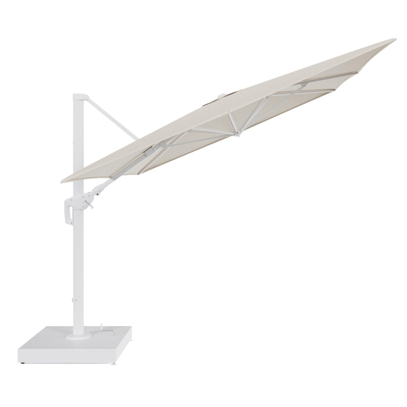 Minore zweefparasol met tiltfunctie in wit aluminium en beige All Weather Sunbrella® Premium parasoldoek - L1 400 x L2 300 cm met parasolvoet Minore 260 kg met wielen