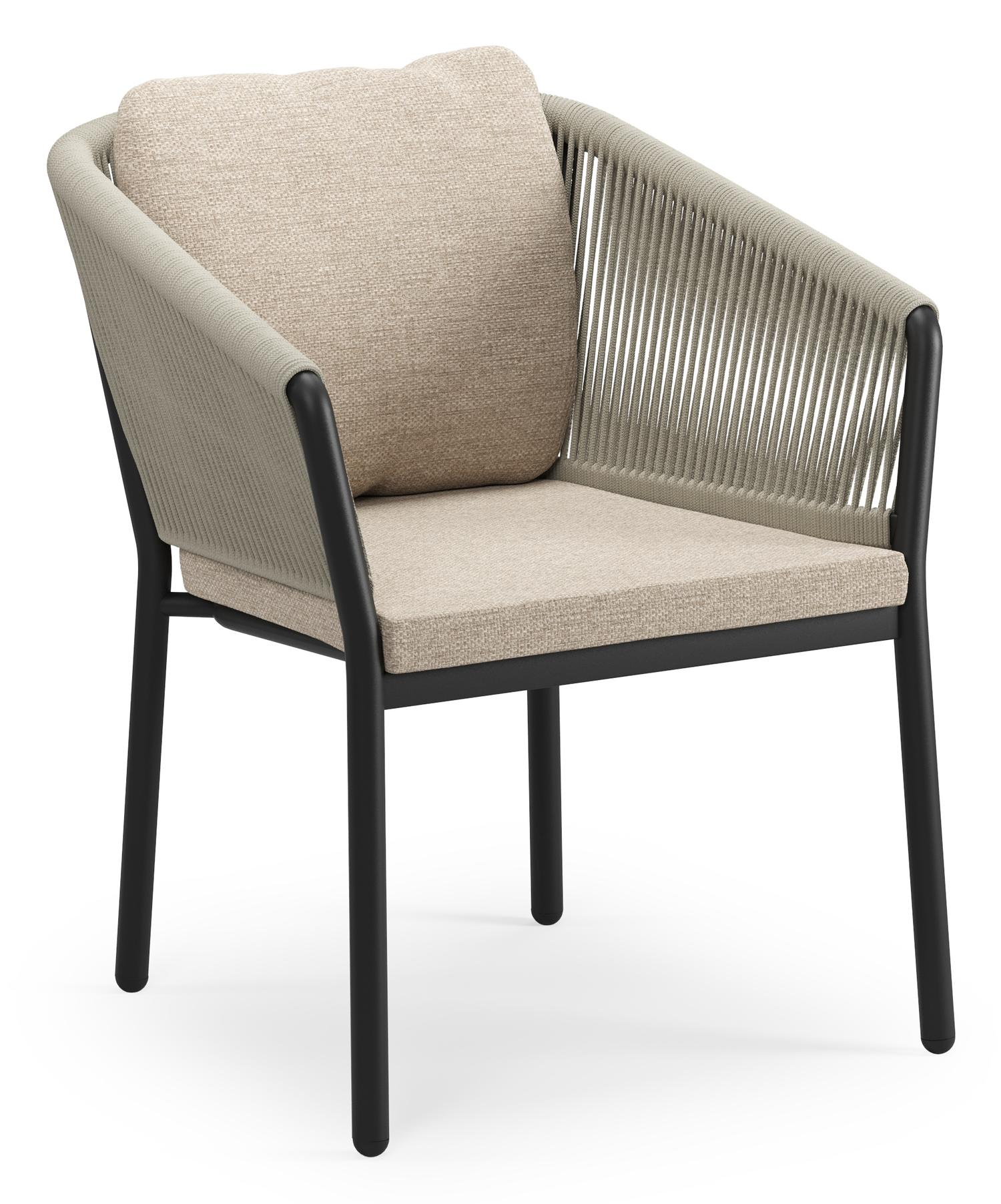 Chaise de jardin Gerona en aluminium noir et corde ronde tissée verticalement beige avec coussin en Weather+ Softtouch Rustic