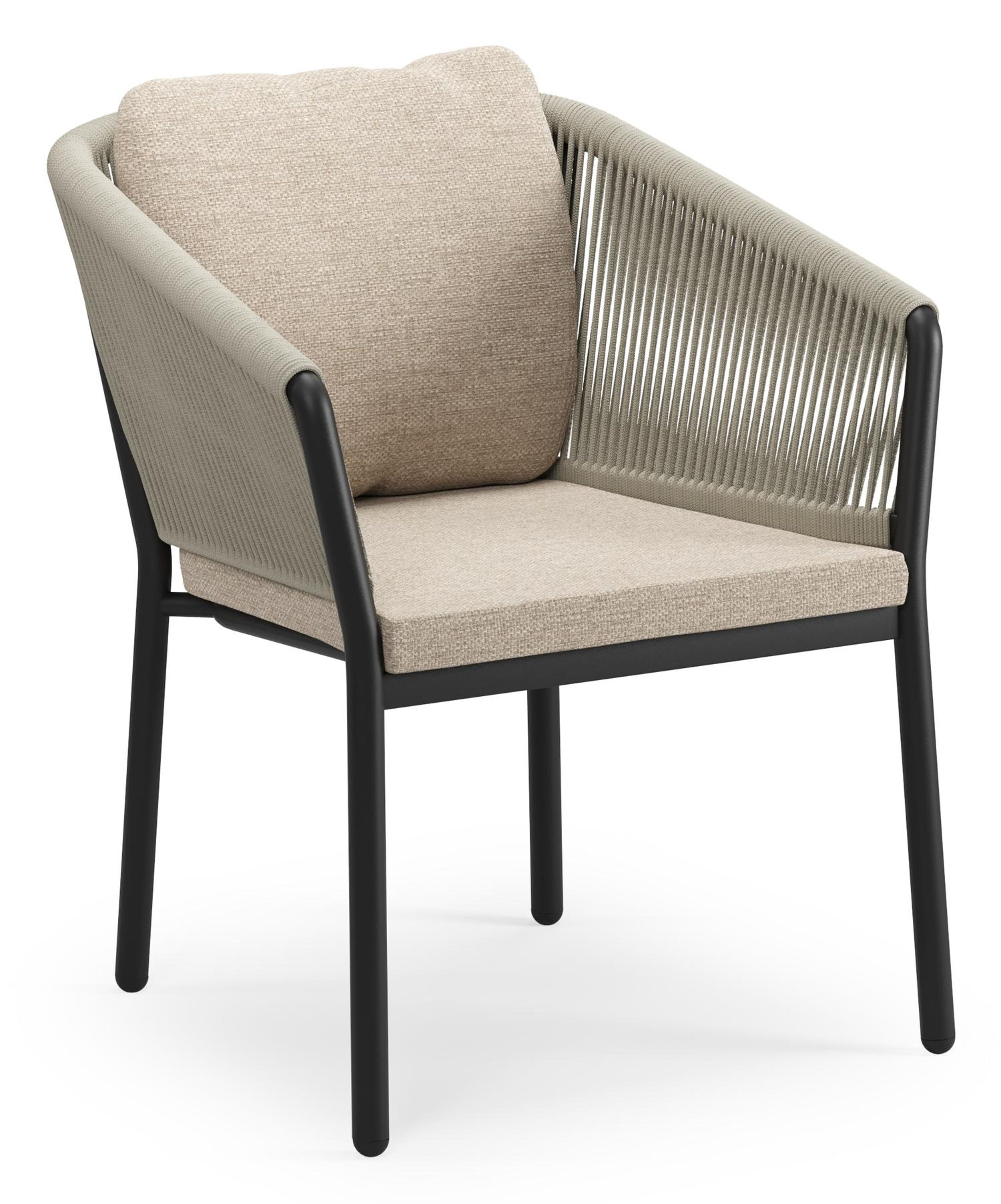 Gerona stapelbare tuinstoel in zwart aluminium en beige verticaal geweven ronde rope met kussen in Rustic Weather+ Softtouch