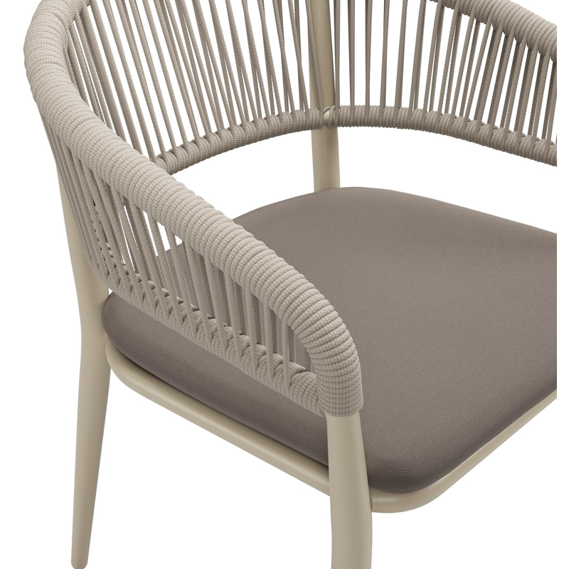 Tolfa stapelbare tuinstoel in beige aluminium en beige verticaal geweven ronde rope met stoelkussen in All Weather Sunbrella® Luxe Natte Nature Grey