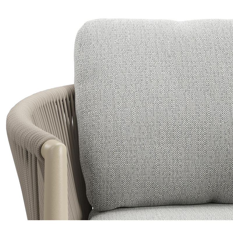 Organo tuinstoel in zwart aluminium en beige verticaal geweven ronde rope met stoelkussen in All Weather Sunbrella® Luxe Savane Nimbus