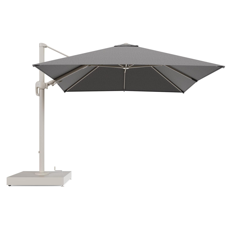 Rufina zweefparasol met tiltfunctie in beige aluminium en Chartres Drizzle All Weather Sunbrella® Luxe parasoldoek - L1 300 x L2 300 cm met parasolvoet Minore 260 kg met wielen