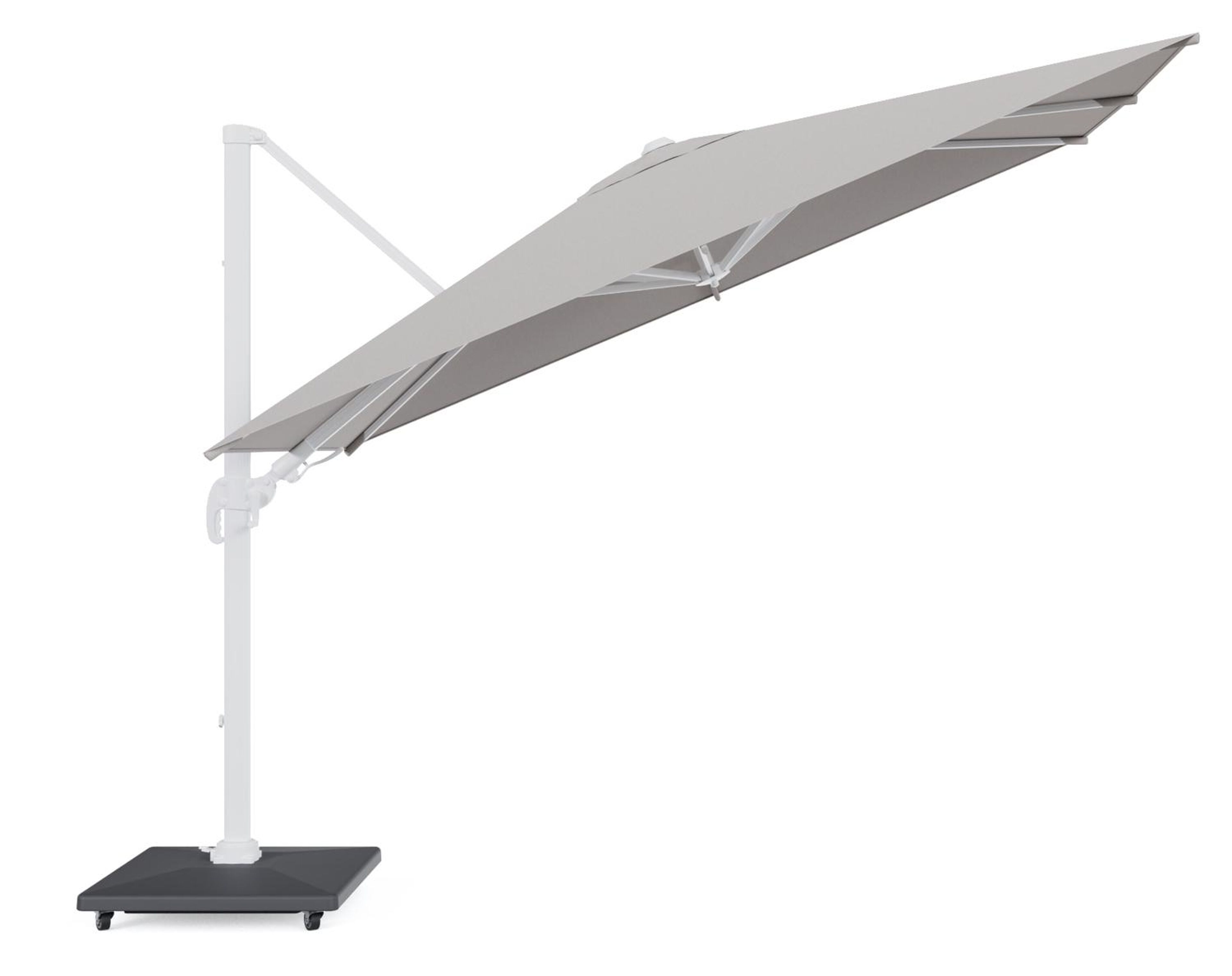 Parasol pendant Avola avec fonction tilt en aluminium blanc et toile de parasol Sunbrella® Premium Natte Graumel Chalk - Lg.1 200 x Lg.2 300 cm avec pied de parasol Avola 90 kg