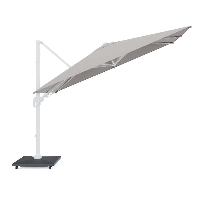 Parasol pendant Avola avec fonction tilt en aluminium blanc et toile de parasol Sunbrella® Premium Natte Graumel Chalk - Lg.1 200 x Lg.2 300 cm avec pied de parasol Avola 90 kg