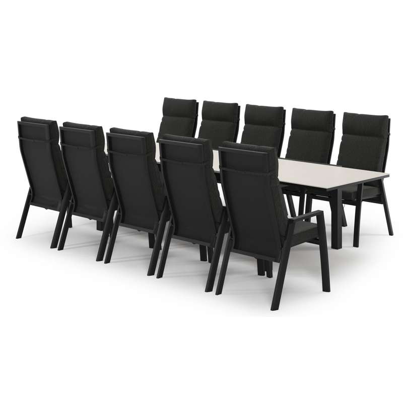 Ensemble de jardin Calobra extensible en aluminium noir et sintered stone crema minerale avec 10 chaises de jardin Leon