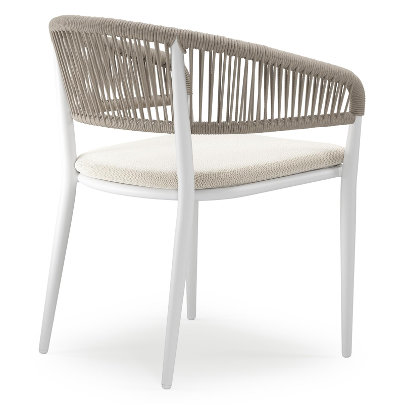 Tolfa stapelbare tuinstoel in wit aluminium en beige verticaal geweven ronde rope met stoelkussen in All Weather Sunbrella® Luxe Lopi Marble