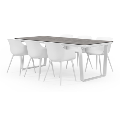 Alora tuinset in wit aluminium en grijs keramische print tafelblad met 6 Paco tuinstoelen
