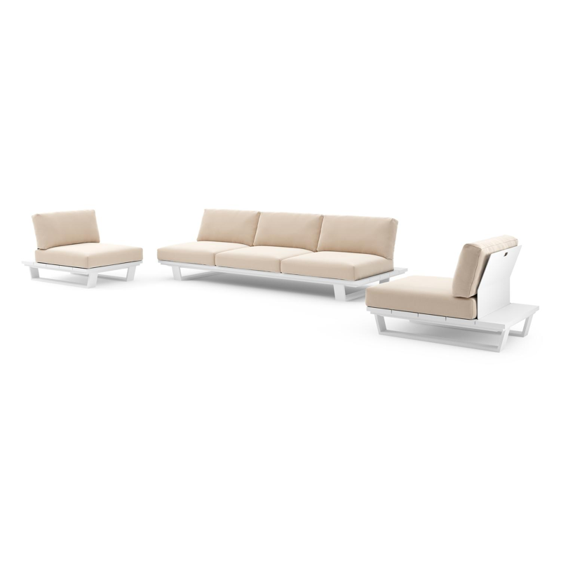 Pagino loungeset in wit aluminium met natte linen chalk all weather sunbrella® luxe kussen