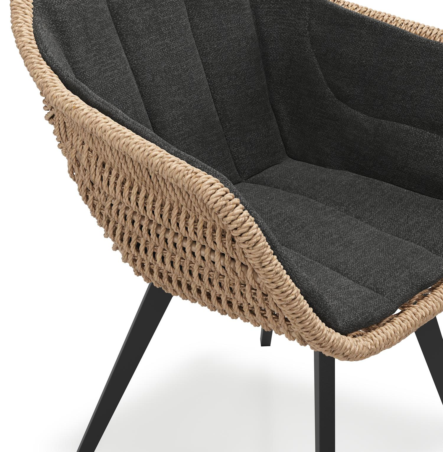 Chaise de jardin Pagino en aluminium noir et résine tressée ronde naturel avec coussin en chartres sooty all weather sunbrella® luxe