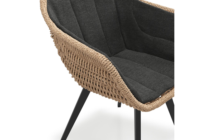 Pagino tuinstoel in zwart aluminium en naturel ronde wicker met kussen in chartres sooty all weather sunbrella® luxe