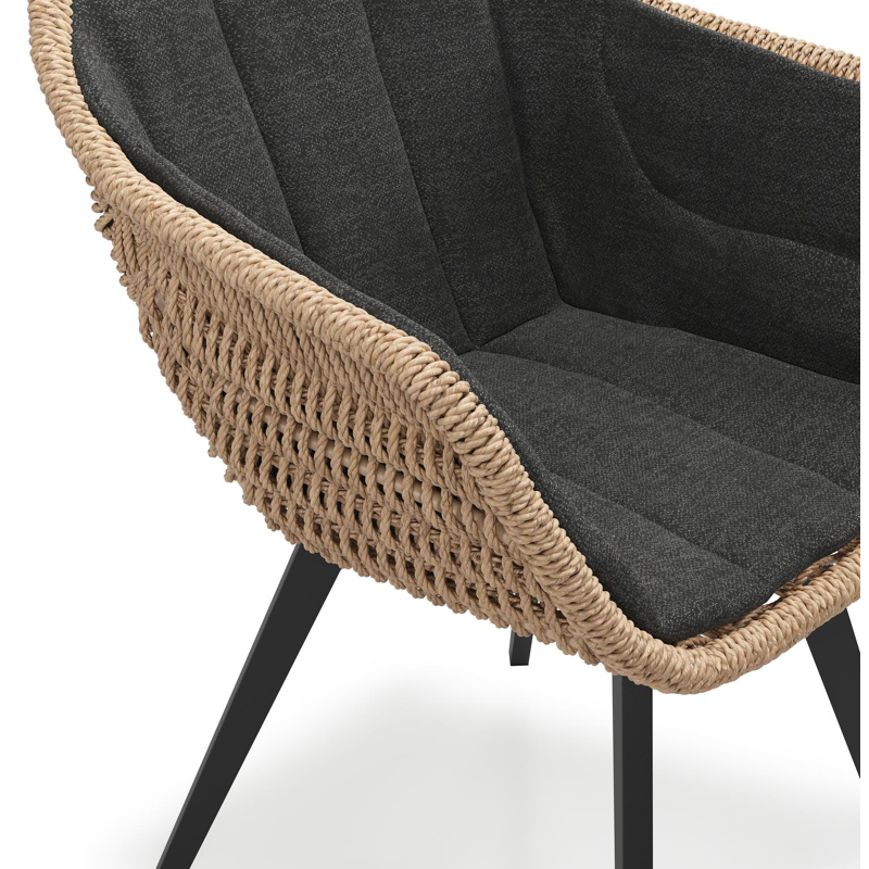 Pagino tuinstoel in zwart aluminium en naturel ronde wicker met kussen in chartres sooty all weather sunbrella® luxe