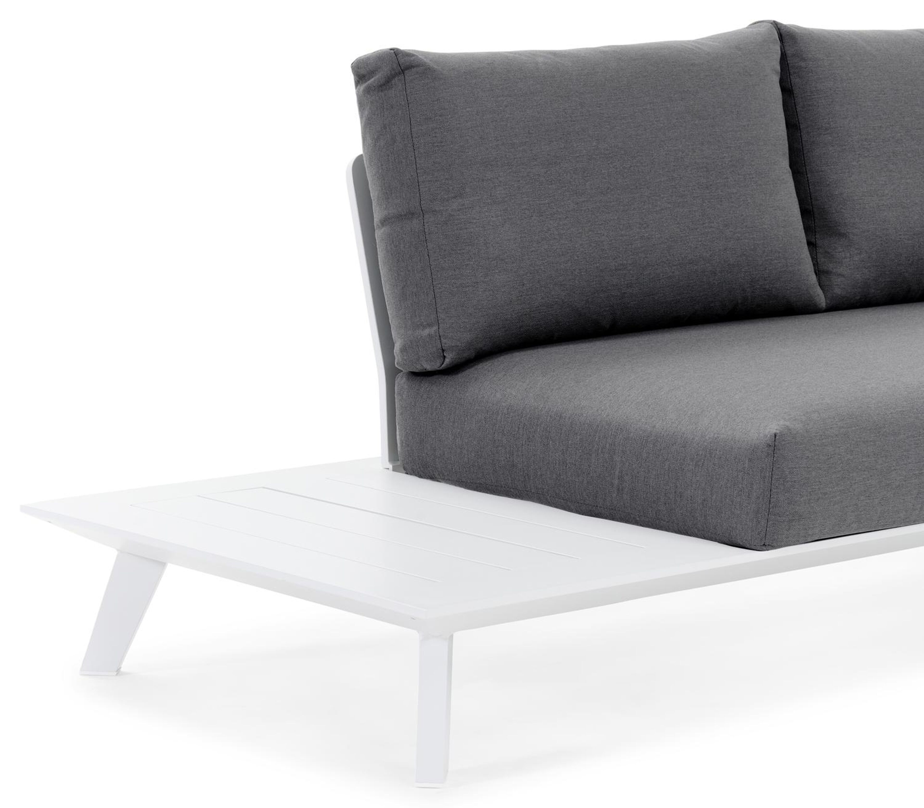 Salon de jardin d'angle Puglia en aluminium blanc avec coussins en weather+ softtouch gris