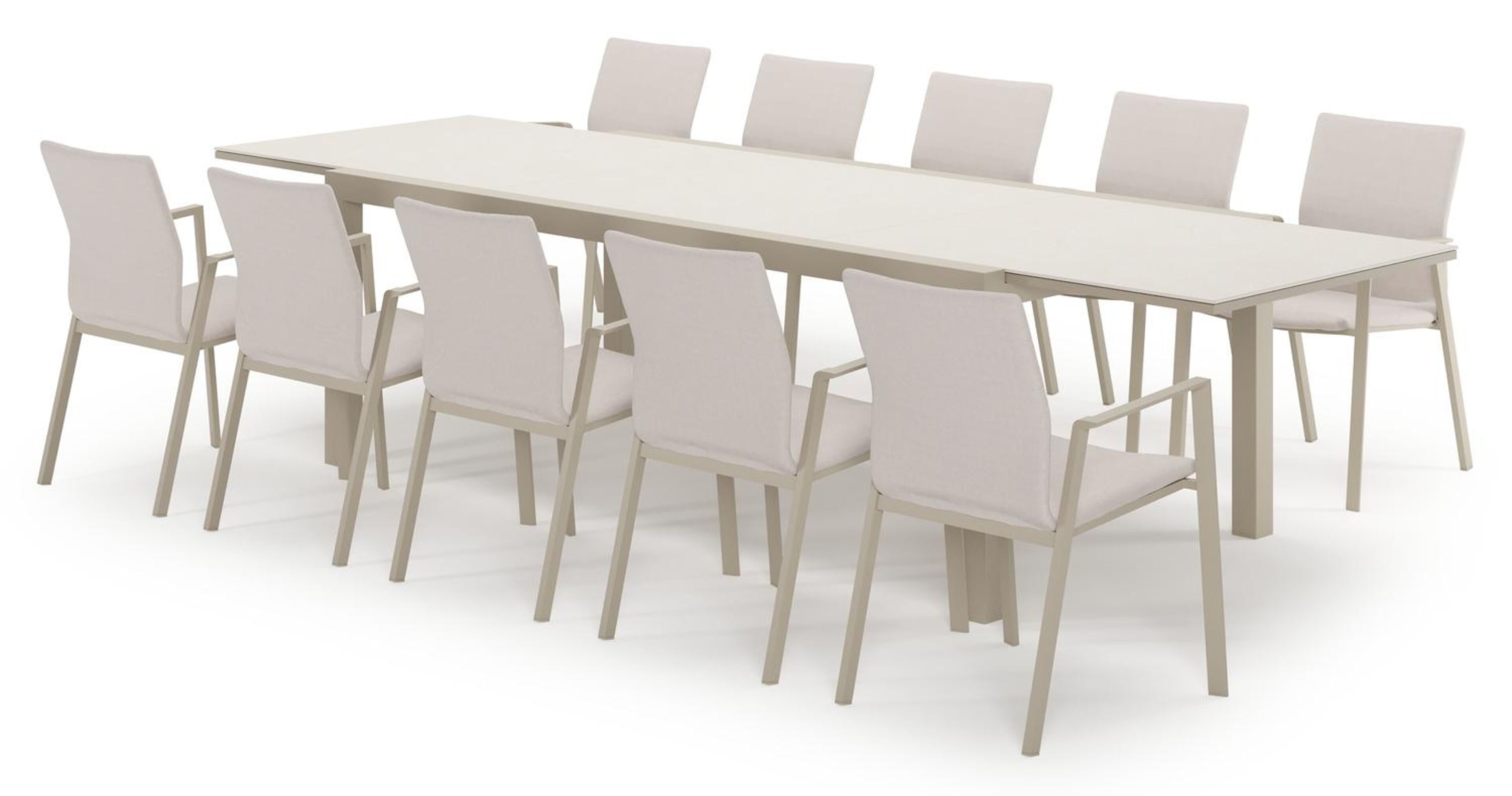 Calobra verlengbare tuinset rechthoekig in beige aluminium en sintered stone Crema minerale met 10 Madura tuinstoelen