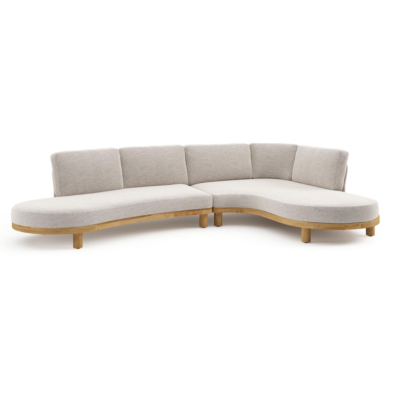 Donato loungehoek in teak en beige verticaal geweven ronde rope met all weather sunbrella® luxe Tundra Sand kussen