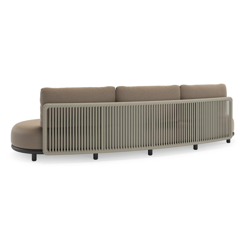 Canapé de jardin Lomano en aluminium noir et corde luxe plate tissée verticalement beige et coussins en all weather solica Firenze Earth