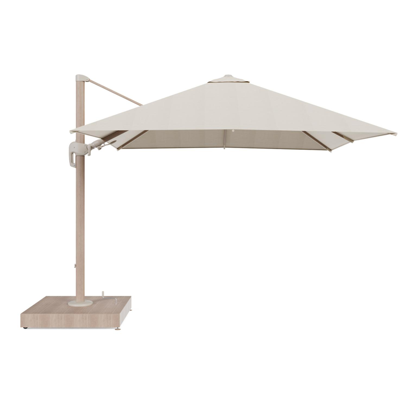 Rufina zweefparasol met tiltfunctie in houtlook aluminium en beige All Weather Sunbrella® Premium parasoldoek - L1 300 x L2 300 cm met parasolvoet Minore 260 kg met wielen