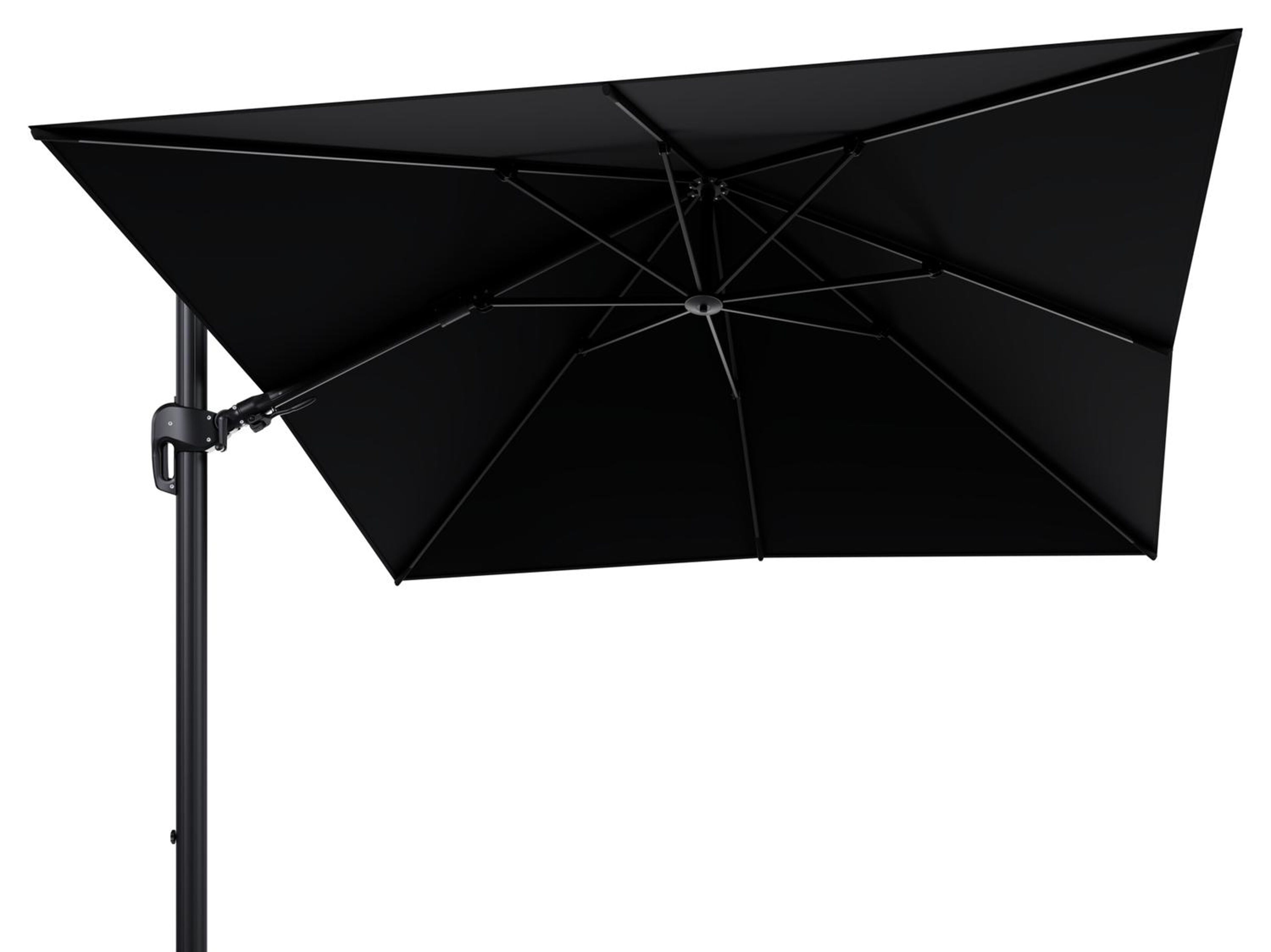 Rufina zweefparasol met tiltfunctie in zwart aluminium met zwart sunbrella® premium parasoldoek - L1 300 x L2 300 cm (zonder voet)