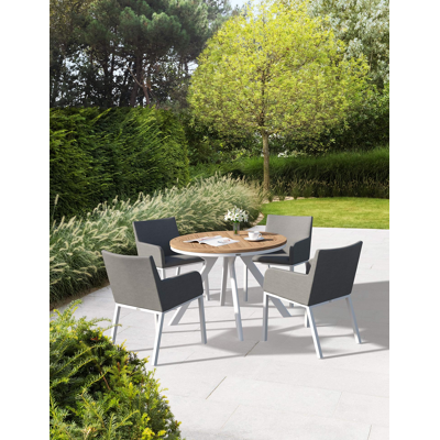 Viaro tuinset in wit aluminium en colour finish teak tafelblad met 4 Rivo tuinstoelen