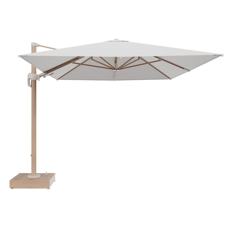 Rufina zweefparasol met tiltfunctie in houtlook aluminium en Soul Optik All Weather Solica parasoldoek - L1 400 x L2 300 cm met parasolvoet Minore 150 kg met wielen