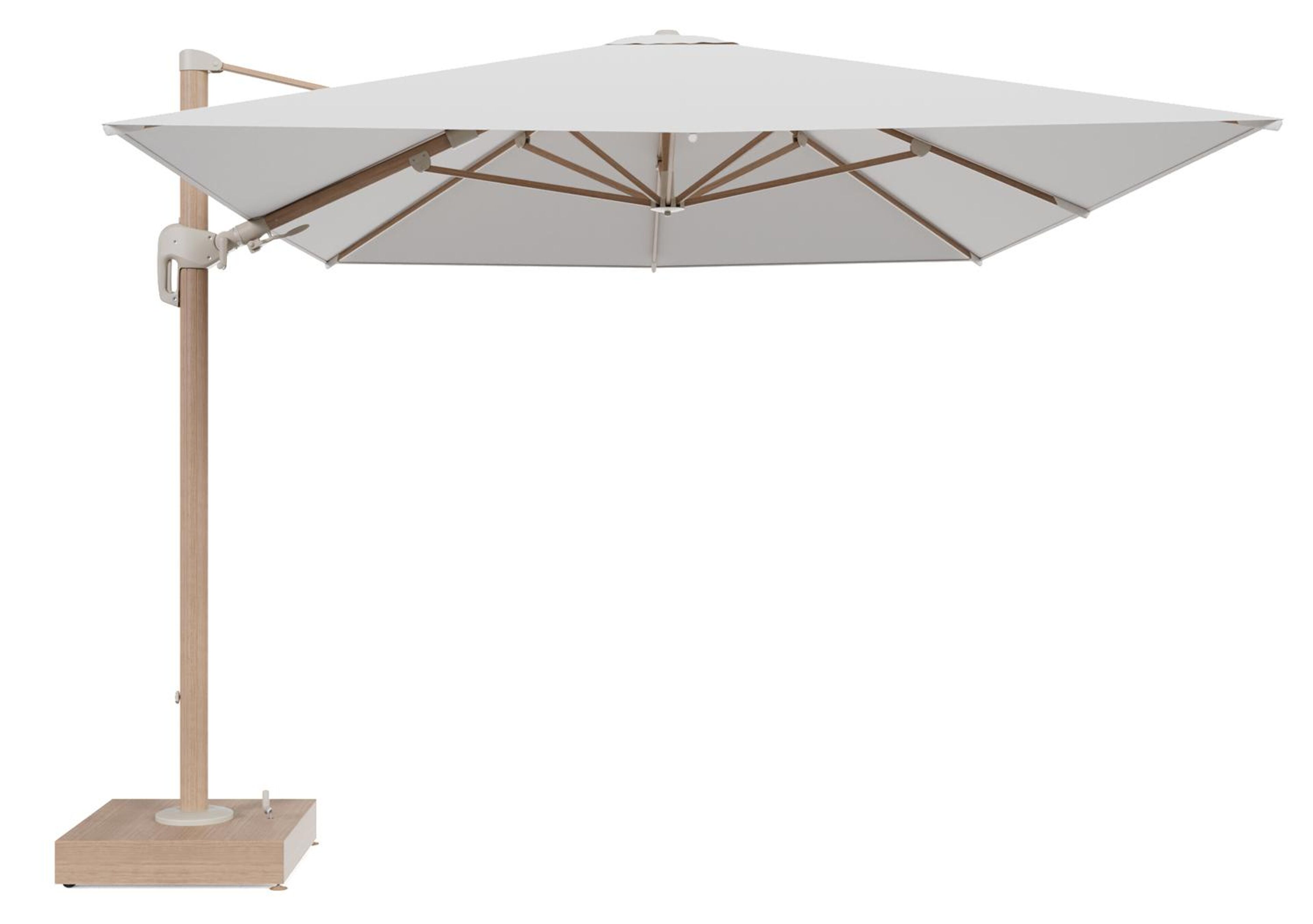 Rufina zweefparasol met tiltfunctie in houtlook aluminium en Soul Optik All Weather Solica parasoldoek - L1 400 x L2 300 cm met parasolvoet Minore 150 kg met wielen