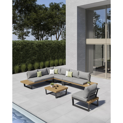 Salon de jardin d'angle Campelo en aluminium noir et polywood avec coussin en gris polyester et table basse