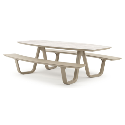 Forno picknicktafel bootvorm in beige aluminium en volkeramiek Taj Mahal - L 240 x B 181 x H 72 cm