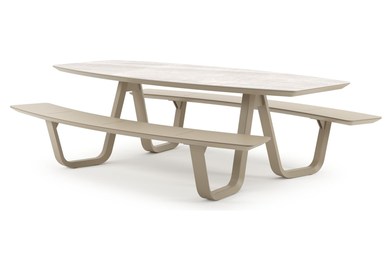 Forno picknicktafel bootvorm in beige aluminium en volkeramiek Taj Mahal - L 240 x B 181 x H 72 cm