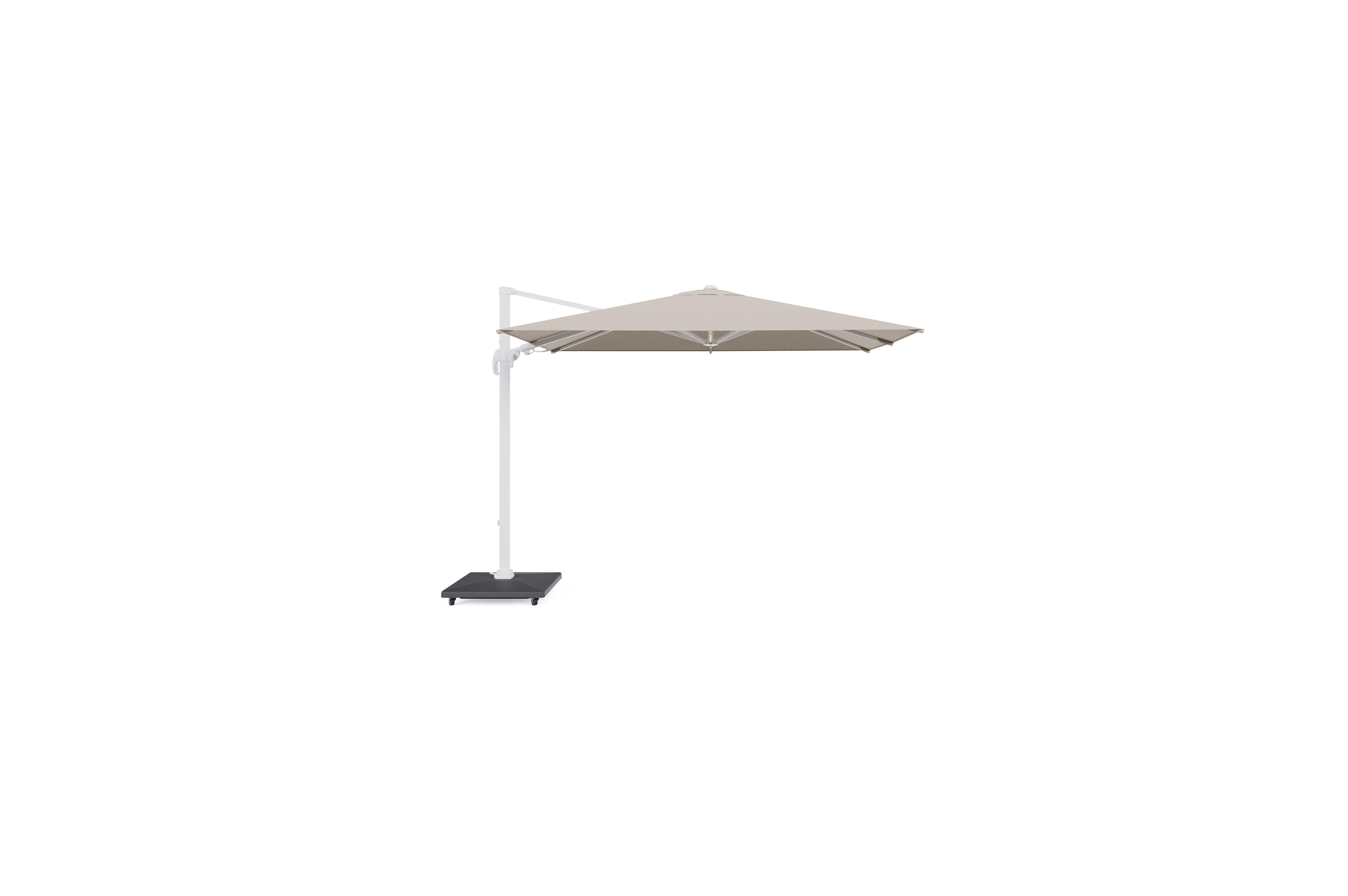 Avola zweefparasol met tiltfunctie in wit aluminium en natural Weather+ Softtouch parasoldoek - L1 200 x L2 300 cm met parasolvoet Avola 90 kg