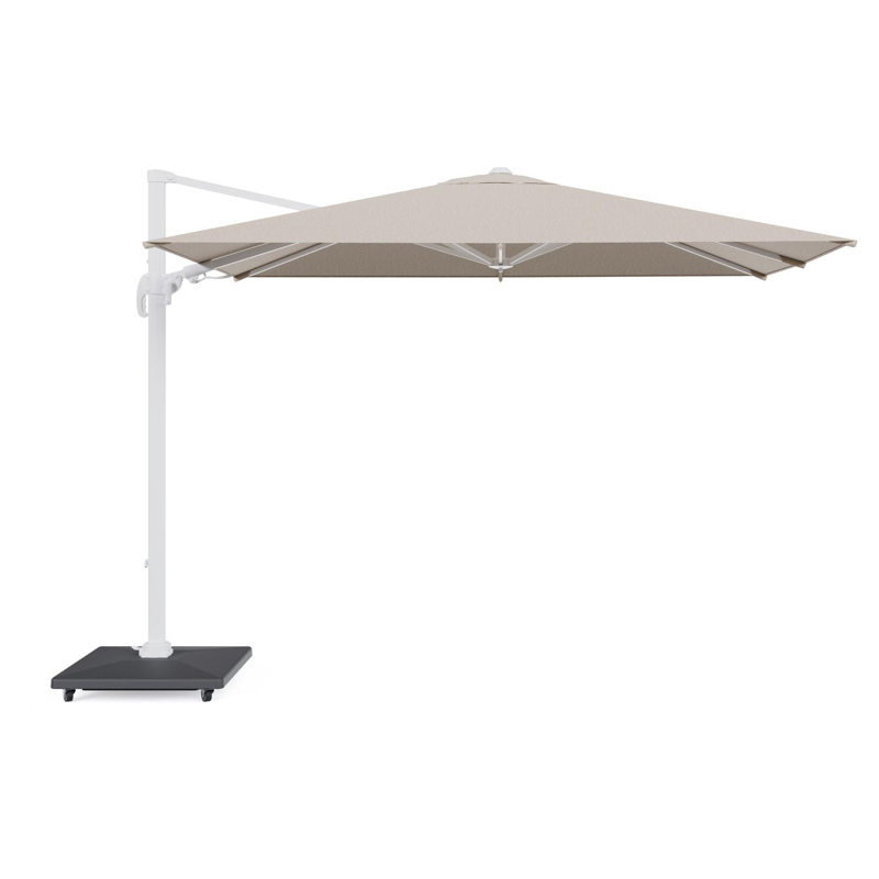 Avola zweefparasol met tiltfunctie in wit aluminium en natural Weather+ Softtouch parasoldoek - L1 200 x L2 300 cm met parasolvoet Avola 90 kg