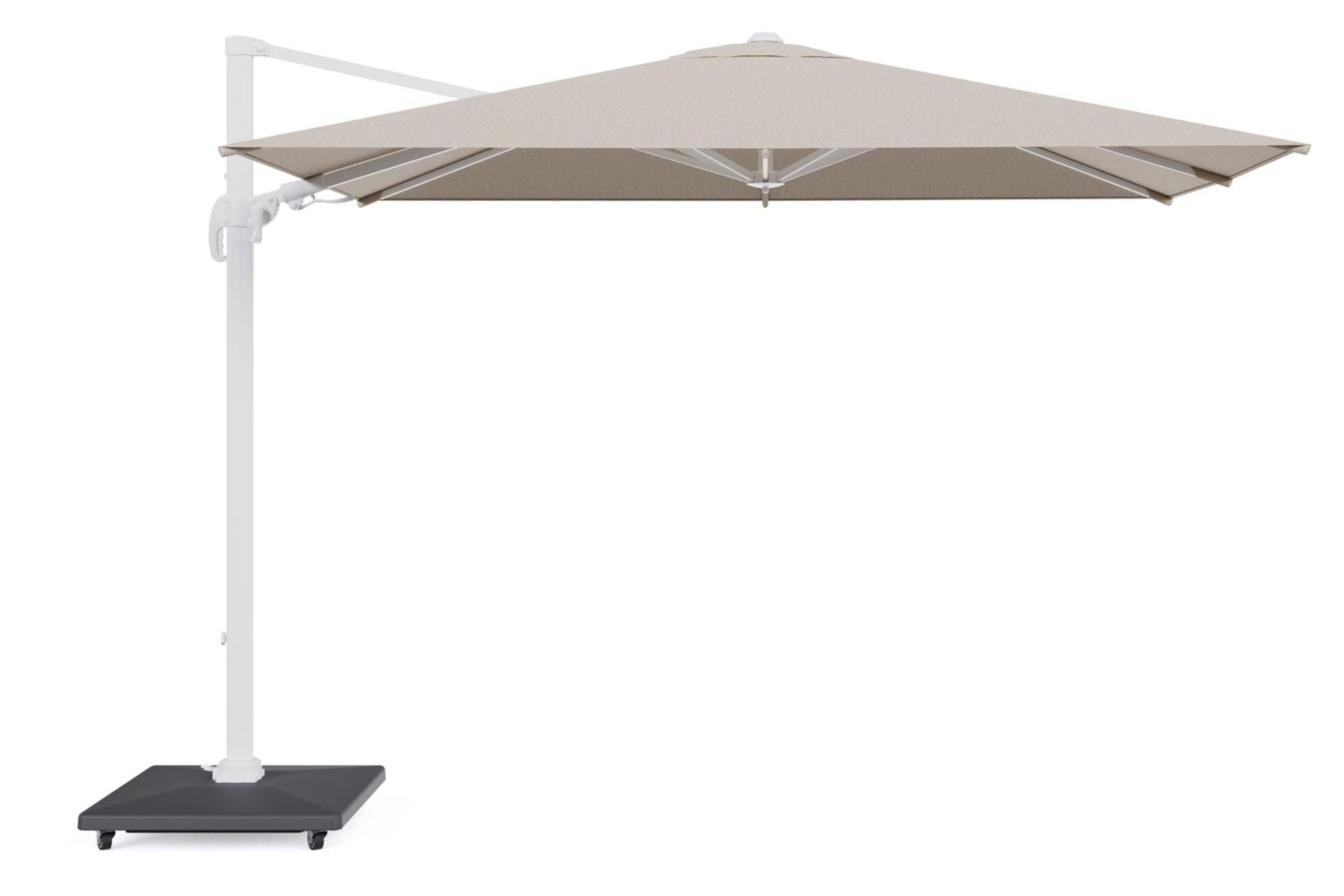 Avola zweefparasol met tiltfunctie in wit aluminium en natural Weather+ Softtouch parasoldoek - L1 200 x L2 300 cm met parasolvoet Avola 90 kg