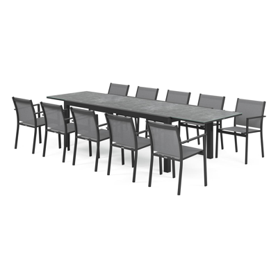 Ensemble de jardin Calobra avec table extensible en aluminium noir avec plateau de table en verre gris et 10 chaises de jardin empilables Bareto