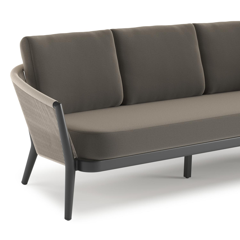 Canapé de jardin Orso en aluminium noir en corde ronde tissée verticalement beige et coussins en all weather sunbrella® luxe Natte Carbon Beige