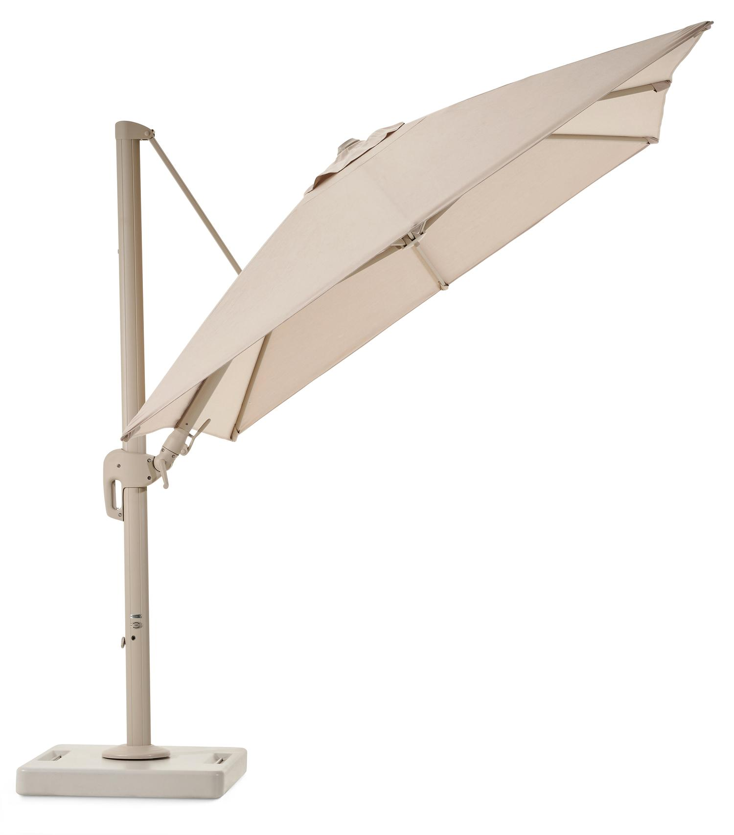 Rufina zweefparasol met tiltfunctie in beige aluminium en beige Sunbrella® Premium parasoldoek - L1 250 x L2 350 cm met Lapido XL parasolvoet 160 kg