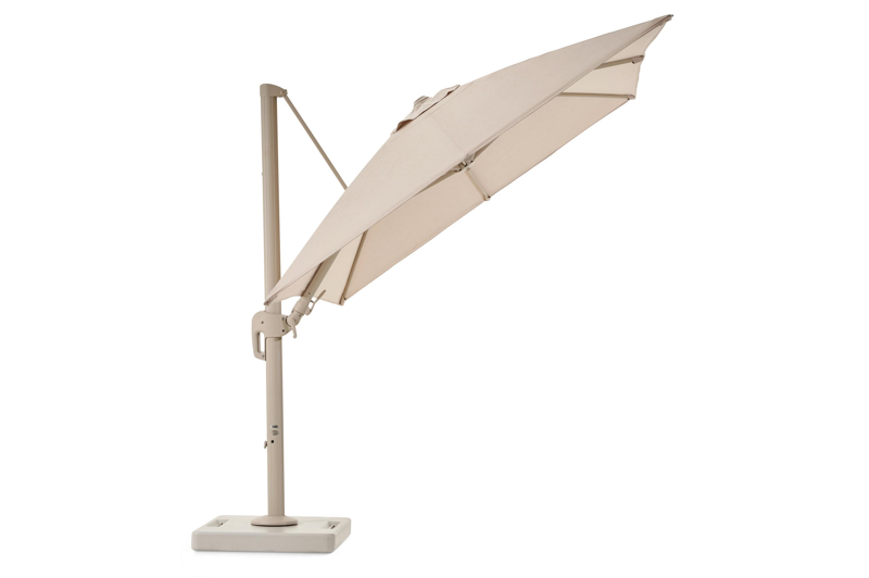 Rufina zweefparasol met tiltfunctie in beige aluminium en beige Sunbrella® Premium parasoldoek - L1 250 x L2 350 cm met Lapido XL parasolvoet 160 kg